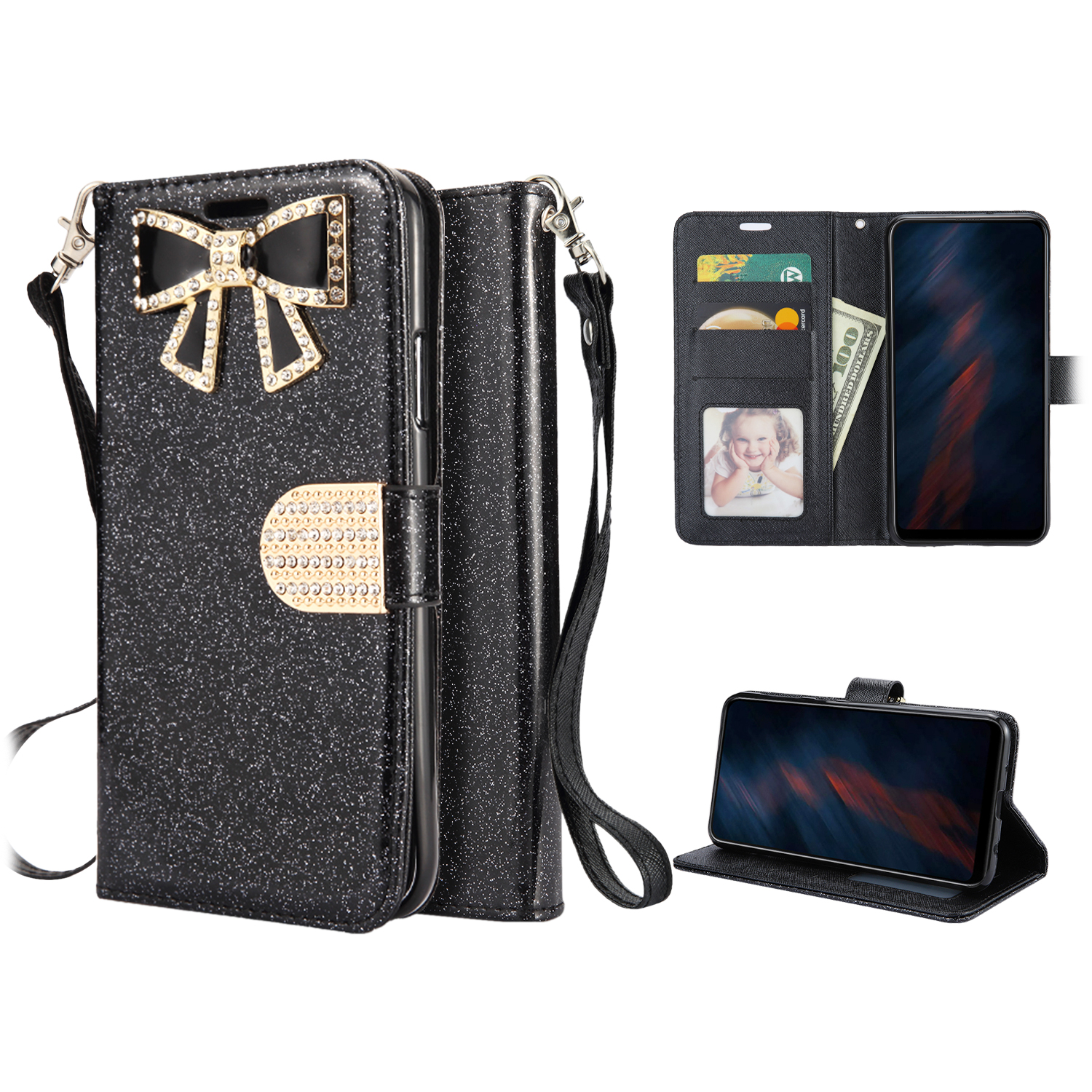 Ribbon Bow Crystal Diamond WALLET Case for Samsung Galaxy A10 (Black)